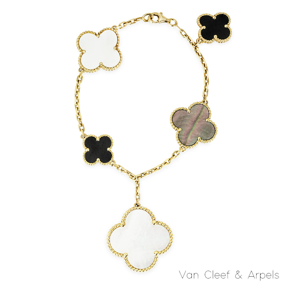 Van Cleef & Arpels Yellow Gold Mother of Pearl & Onyx Magic Alhambra 5 Motif Bracelet VCARD78700 Van Cleef & Arpels Yellow Gold Mother of Pearl & Onyx Magic Alhambra 5 Motif Bracelet VCARD78700